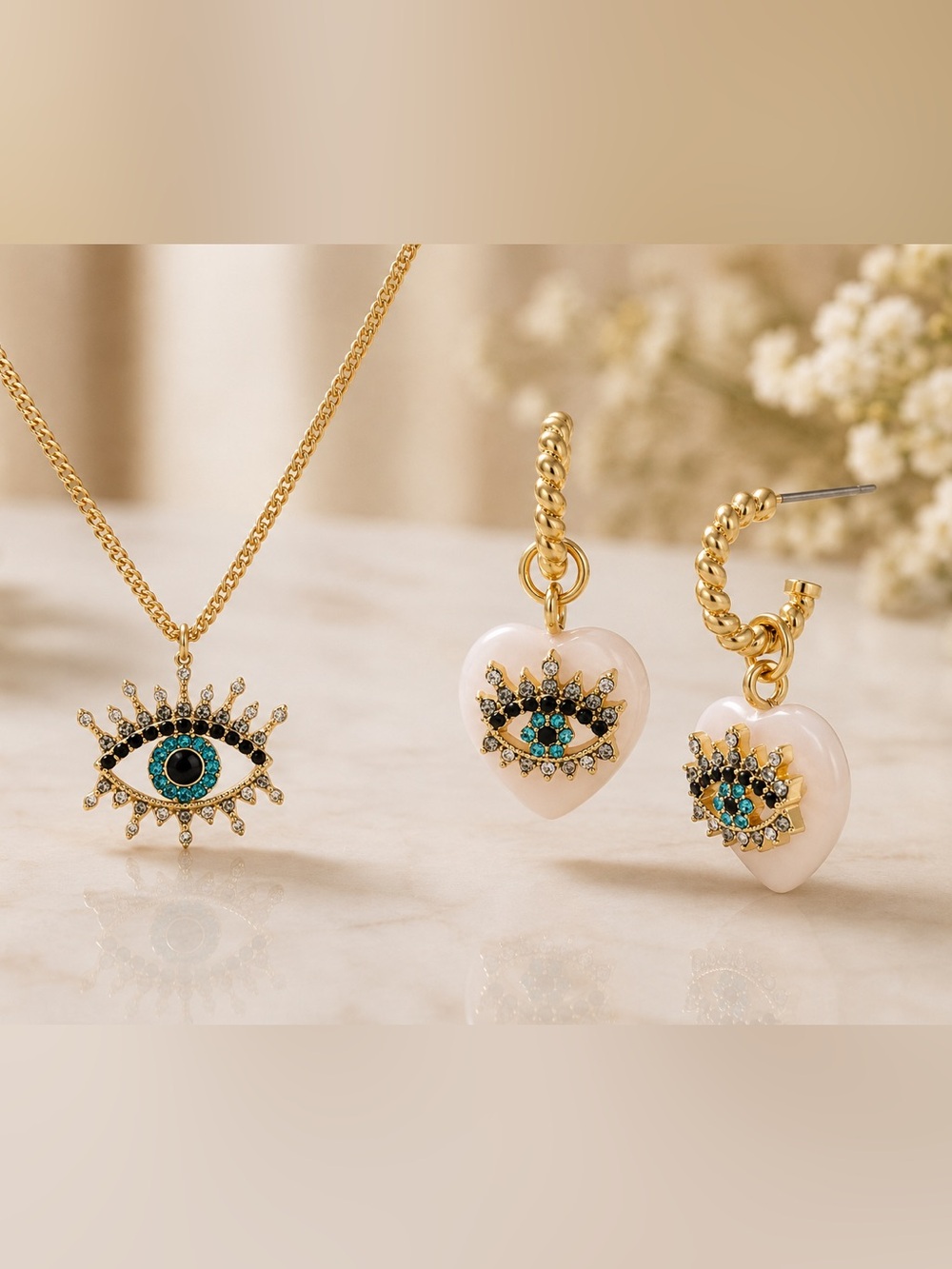 NWT KURT GEIGER EVIL EYE GOLD TONE MULTICOLOR CRYSTAL NECKLACE 16"+ 2 & EARRINGS